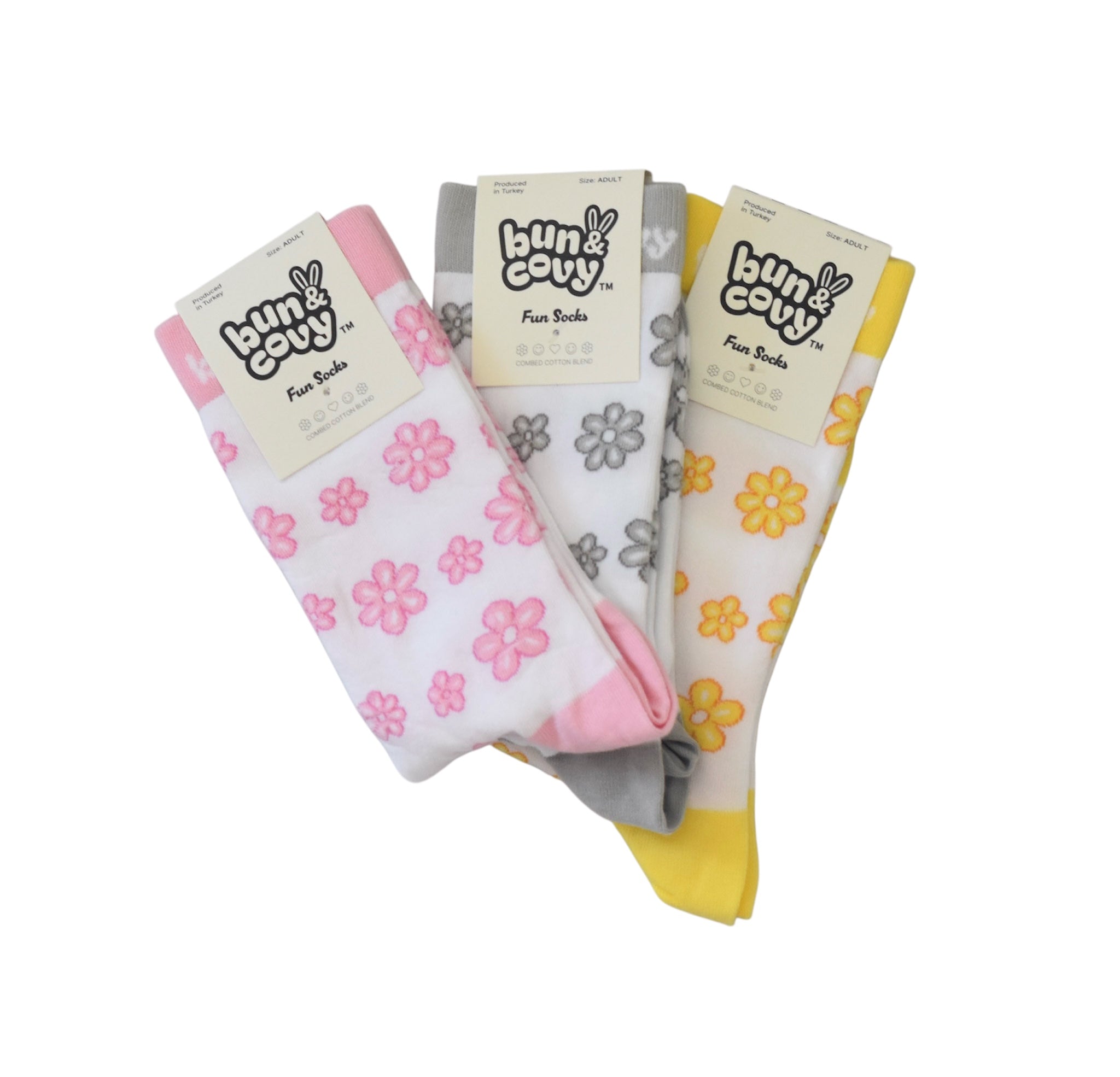 Floral Socks 3-Pack in Yellow Pink Grey